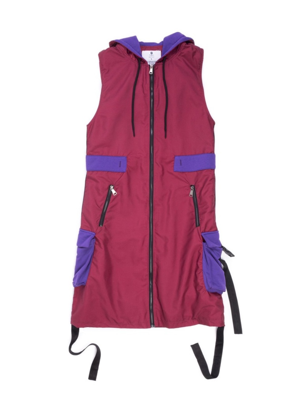 Sacer Sleeveless Hooded Zip Front Dress Vest in Burgundy & Purple